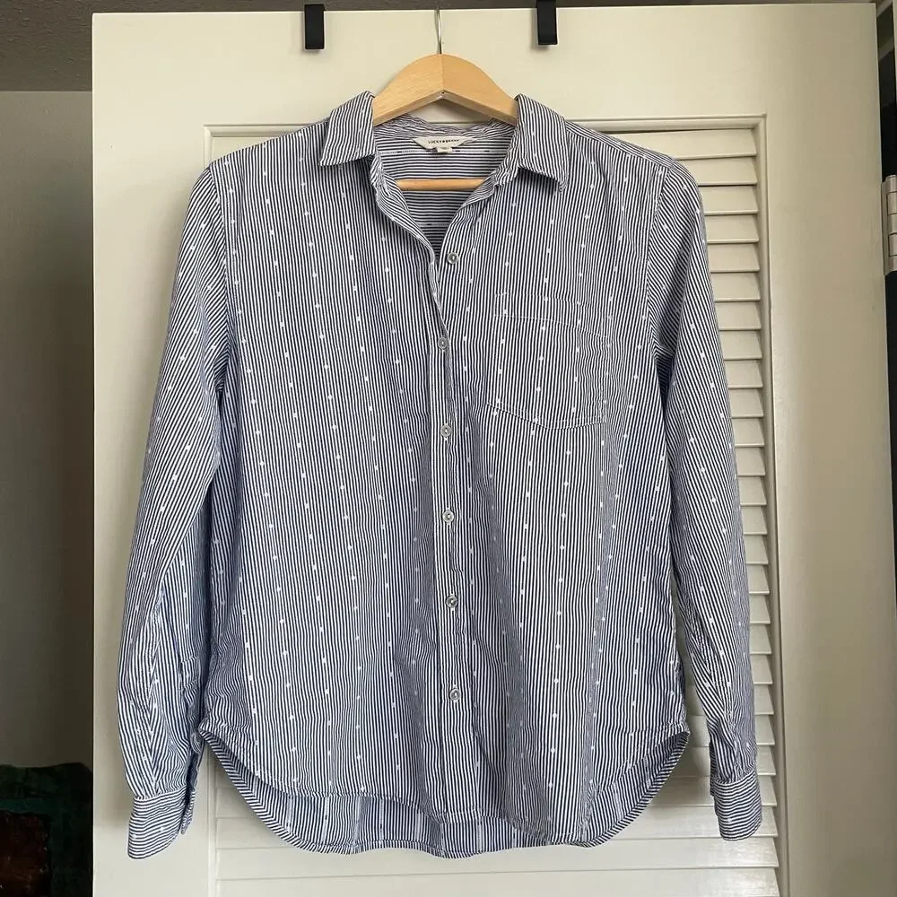 Lucky Brand Blue Striped Cotton Long Slv Shirt M Coastal Casual Western Preppy